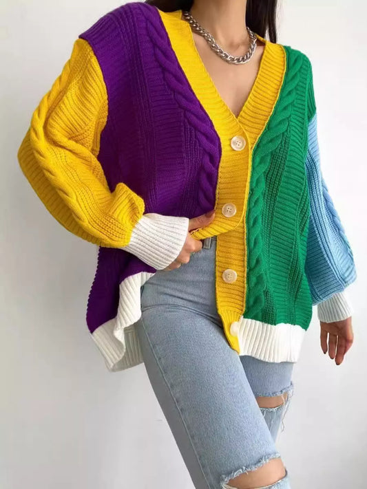 Women's Color Block Button Down Cable-Knit Cardigan — women's knitwear Australia
