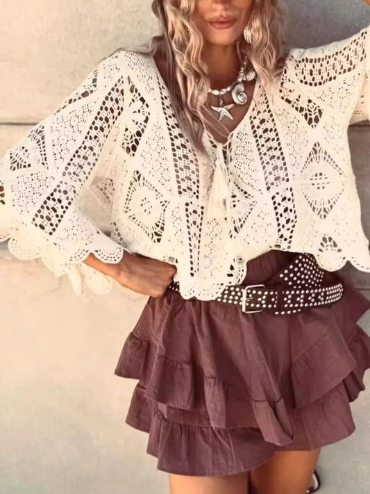 Women's Tassel V-Neck Crochet Knit Top — women's knitwear Australia