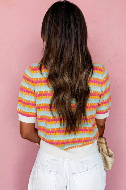 Women's Abstract Striped Knit Short Sleeve Sweater — women's knitwear Australia