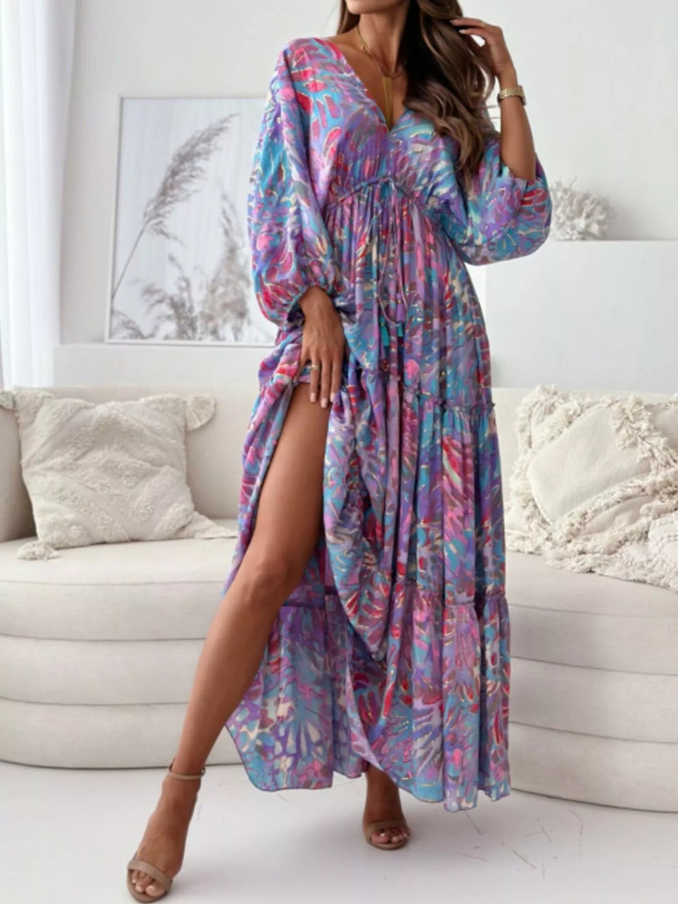 Women's Printed V-Neck Balloon Sleeve Slit Maxi Dress — Chic and Unique AU