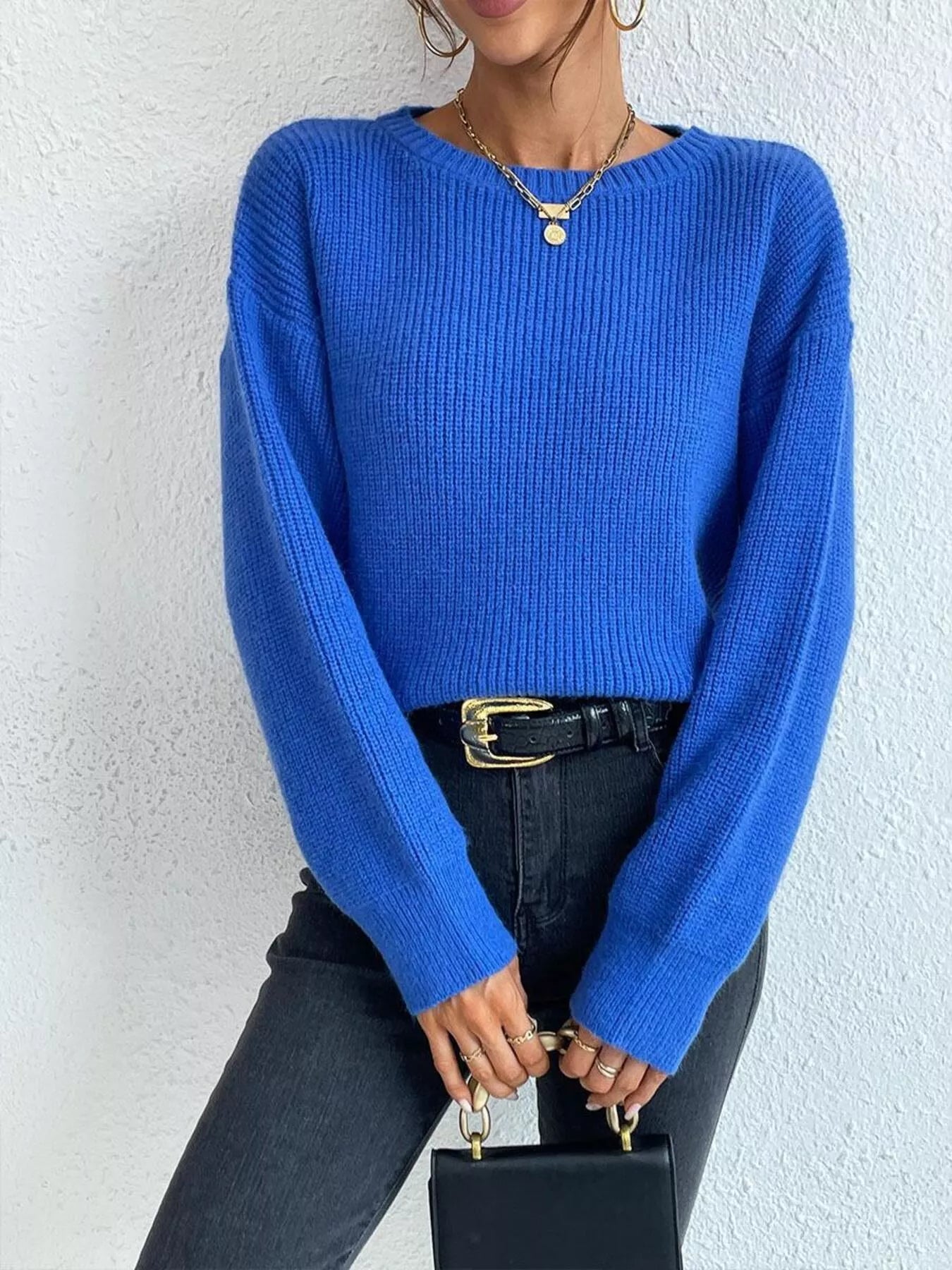 Women's Ribbed Knit Dropped Shoulder Sweater — women's knit sweater Australia
