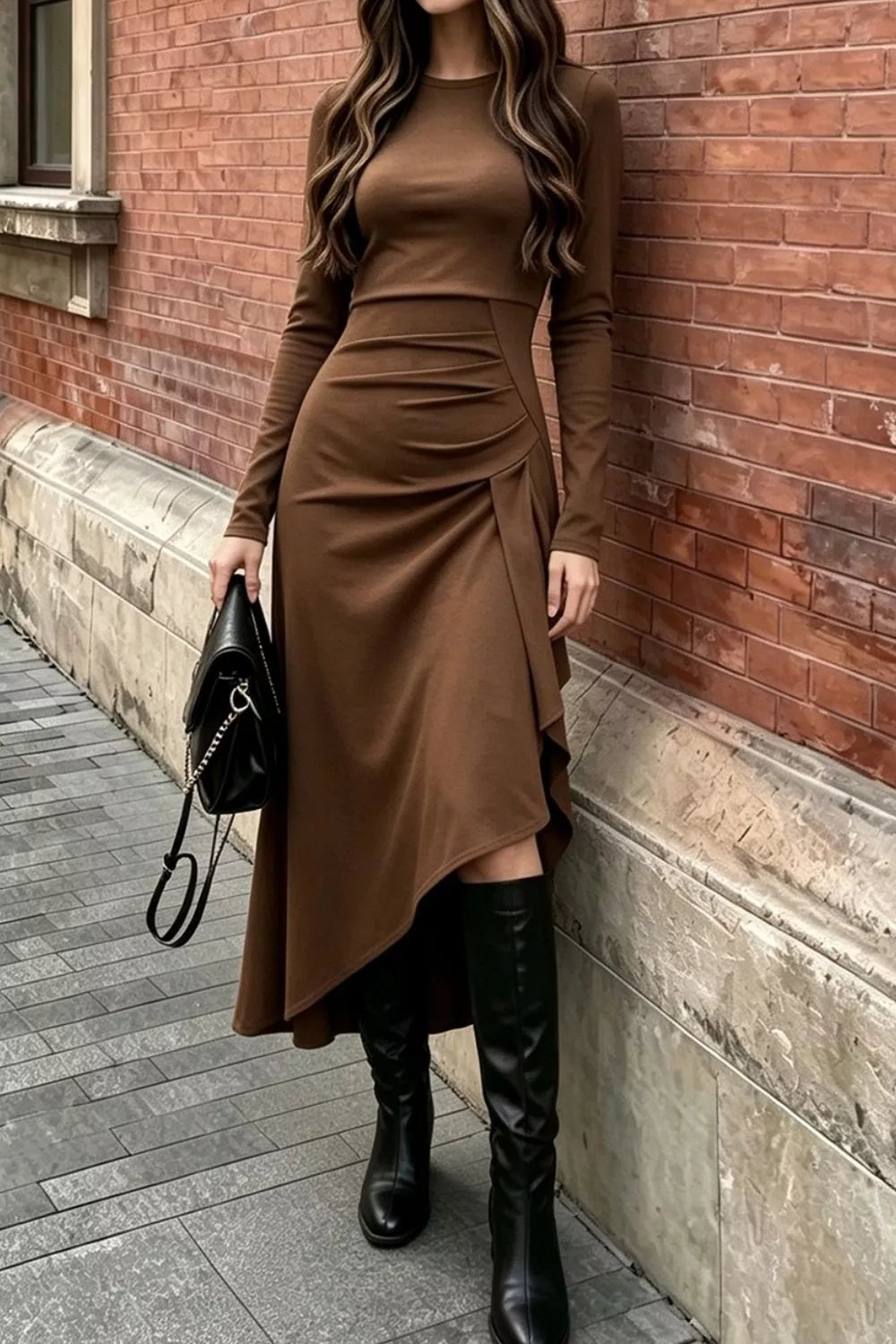 Women's Ruched Asymmetrical Hem Long Sleeve Dress — Chic and Unique AU
