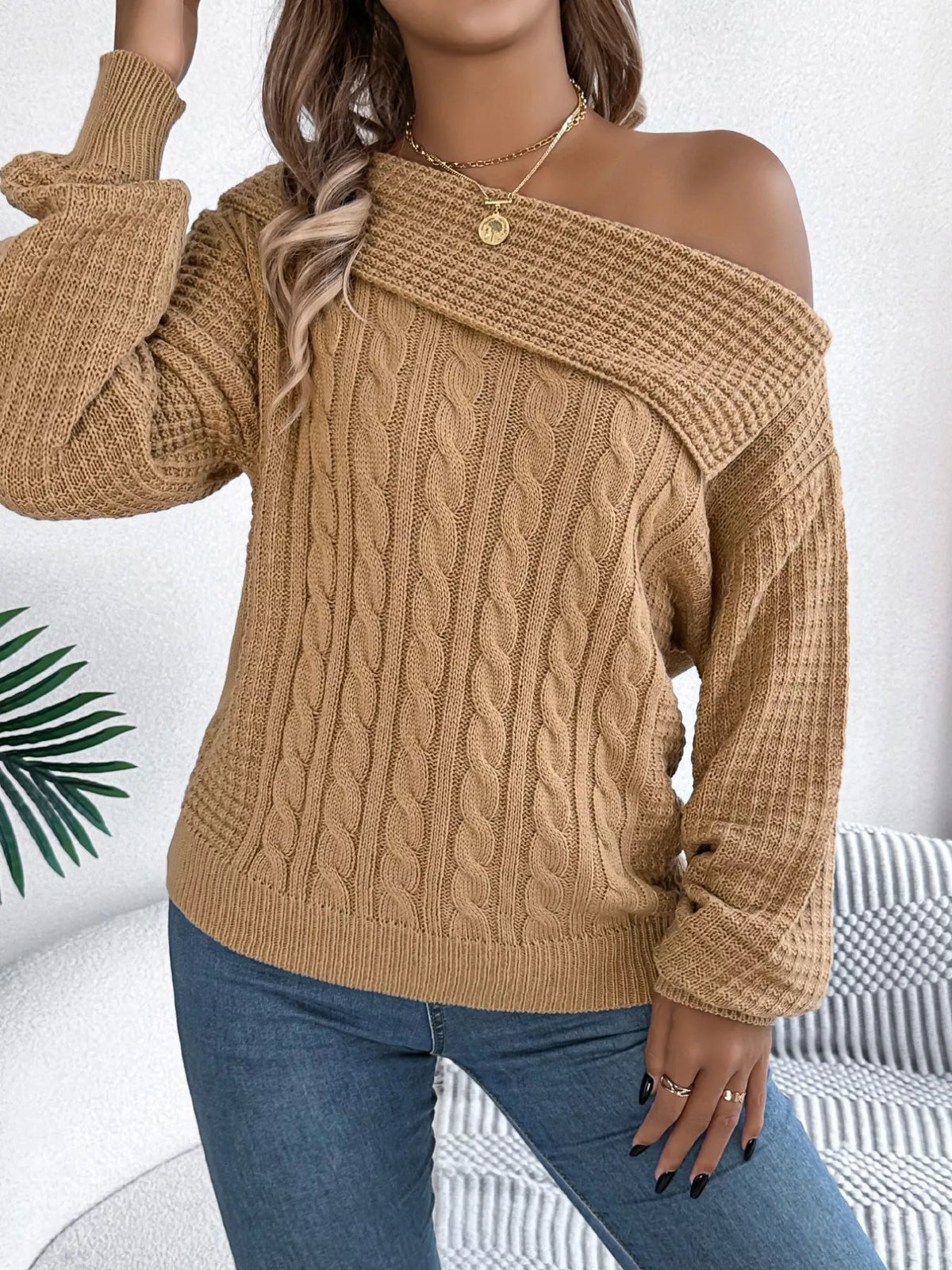 Women's Off-Shoulder Cable Knit Sweater — women's knit sweater Australia