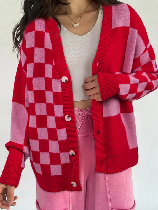 Women's Checkerboard Knit Button-Down Cardigan — women's knit cardigan Australia