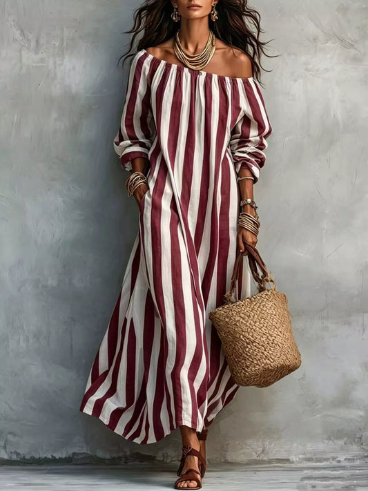 Off-Shoulder Striped Dress with Pockets — women's maxi dress Australia