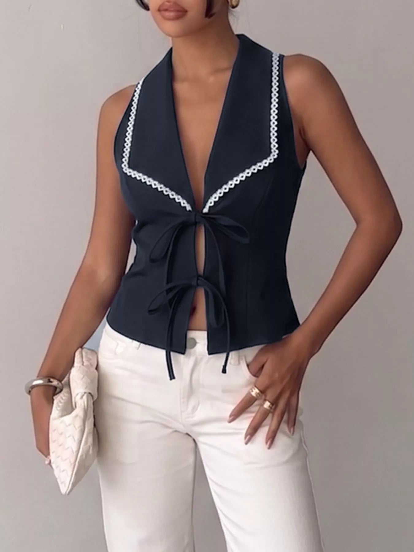 Lace Trim Tie-Front Vest — women's top Australia