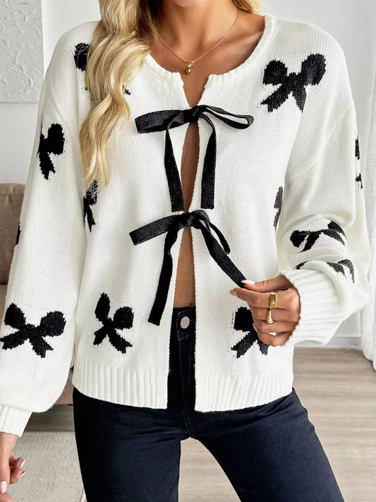 Women's Tie Front Bow Pattern Cardigan — women's knit cardigan Australia