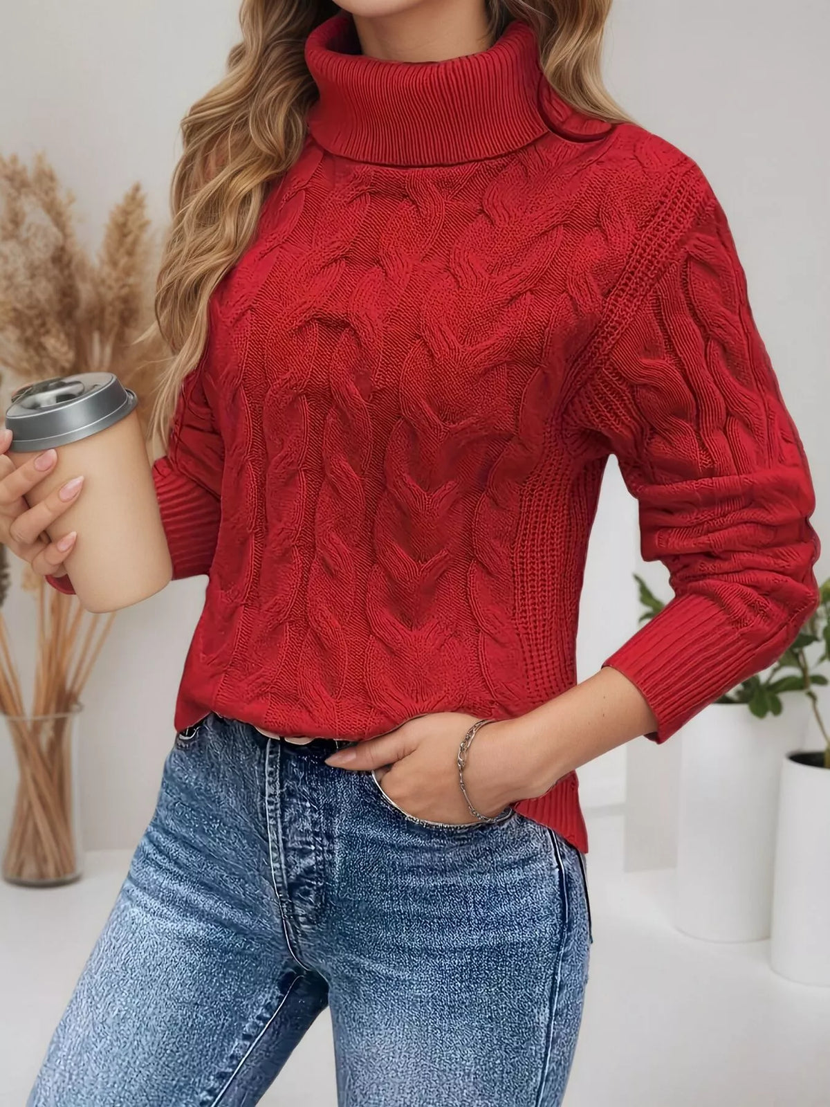 Women's Cable Knit Turtleneck Long Sleeve Sweater — women's knit sweater Australia