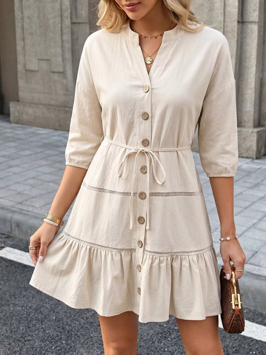 Button-Front Ruffle Hem Mini Dress — women's casual dress Australia