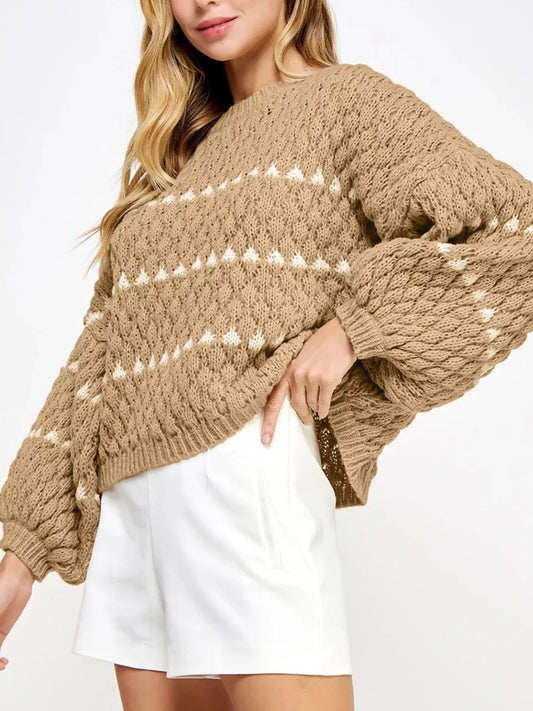 Women's Contrast Detail Textured Knit Puff Sleeve Baggy Sweater — women's knitwear Australia