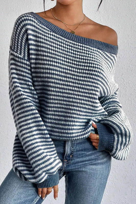 Women's Striped Lantern Sleeve Drop Shoulder Cozy Sweater — women's knitwear Australia