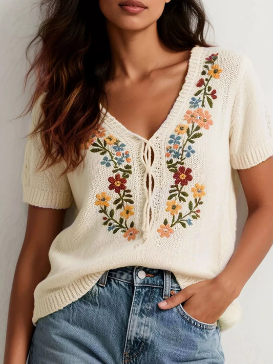 Women's Floral Embroidered Short Sleeve Sweater — women's knitwear Australia