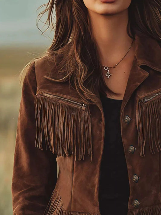 Suede Fringe Button Up Jacket — women's jacket Australia