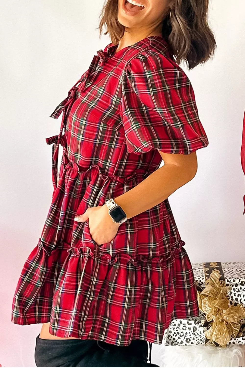 Women's Plaid Knot Neck Mini Shift Dress — Chic and Unique AU