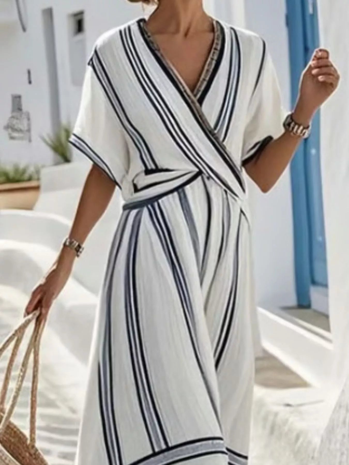 Women's Full Size Striped Short Sleeve Wrap Maxi Dress Plus Size — Chic and Unique AU