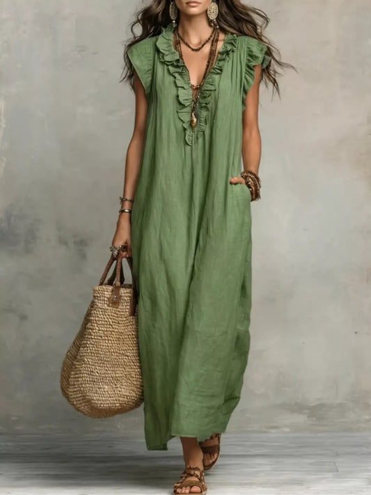 Full Size Ruffled V-Neck Cap Sleeve Maxi Dress Plus Size — women's casual dress Australia