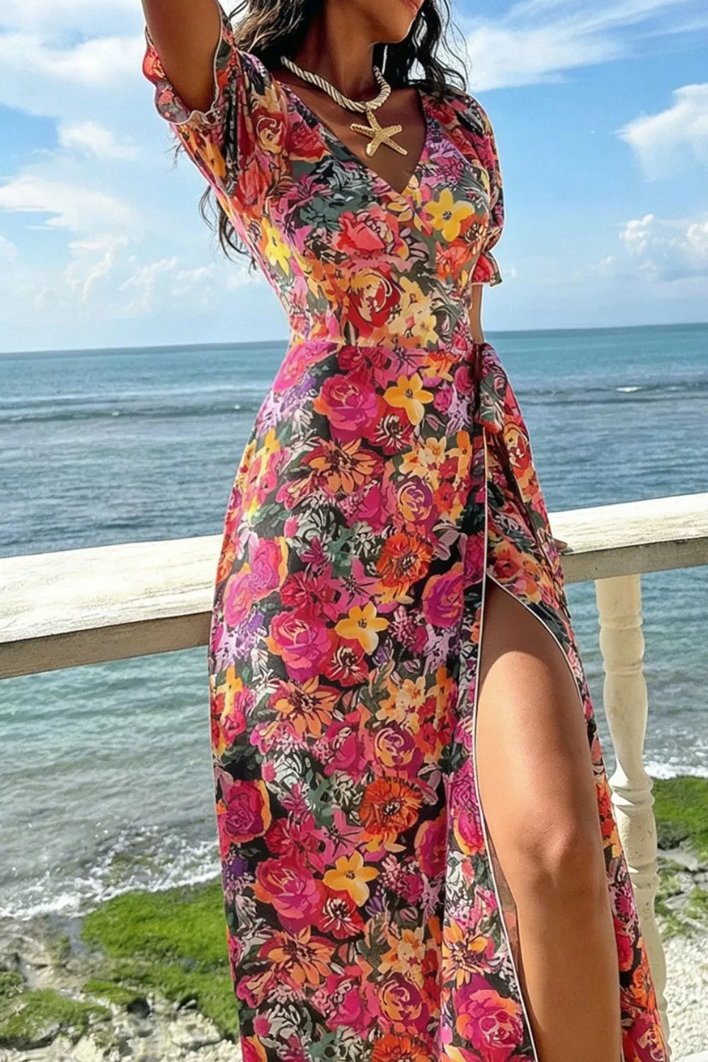 Women's Slit Floral Short Sleeve Maxi Dress — Chic and Unique AU