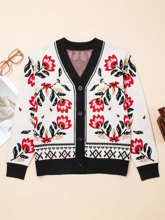 Women's Floral Button Down Cardigan with Geometric Border — women's knit cardigan Australia