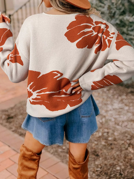 Women's Flower Pattern Wide Sleeve Baggy Sweater — women's knit sweater Australia