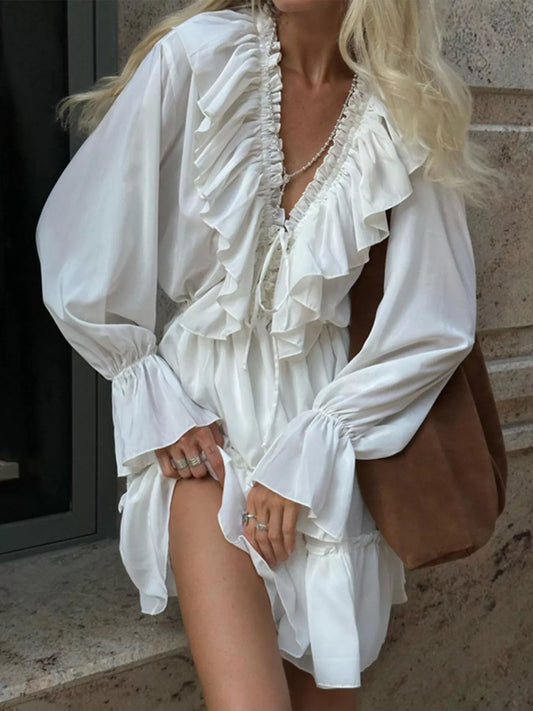 Ruffled V-Neck Long Sleeve Mini Dress — women's mini dress Australia