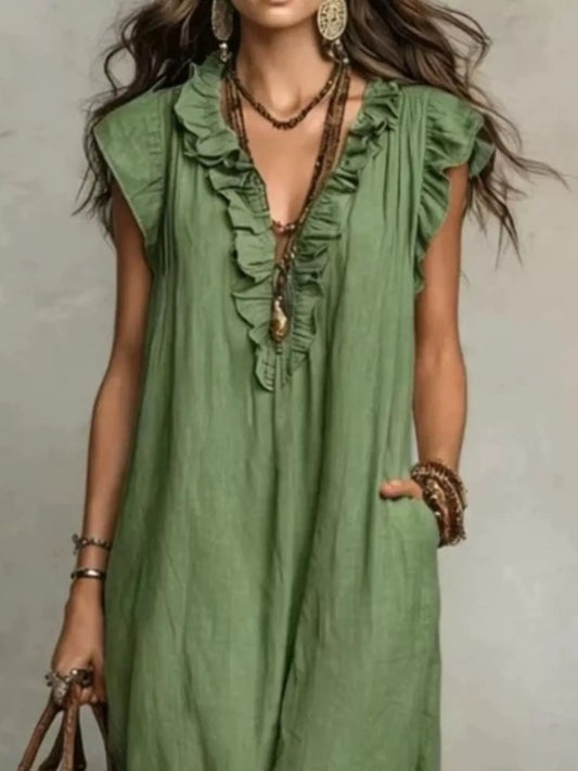 Full Size Ruffled V-Neck Cap Sleeve Maxi Dress Plus Size — women's casual dress Australia