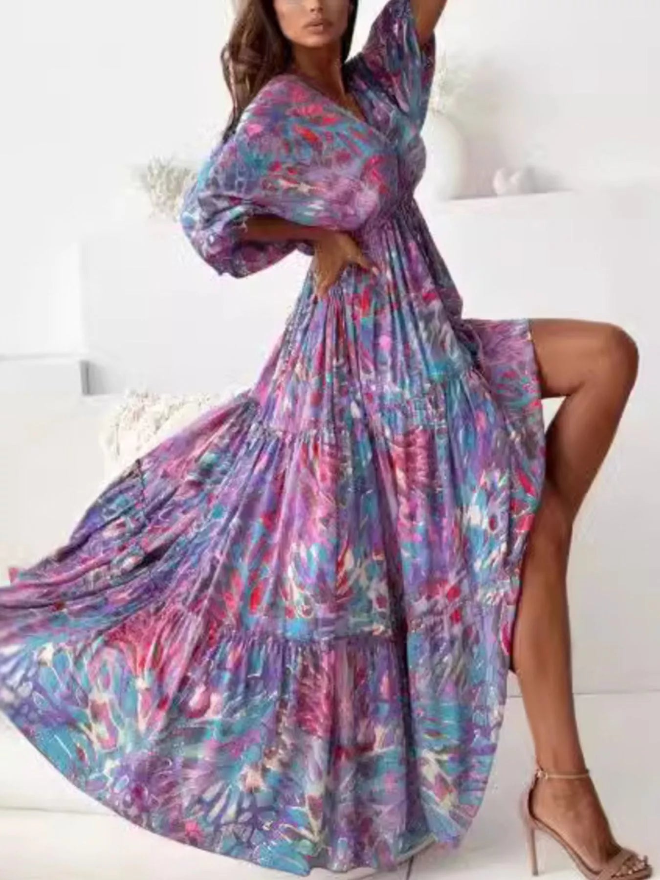 Women's Printed V-Neck Balloon Sleeve Slit Maxi Dress — Chic and Unique AU