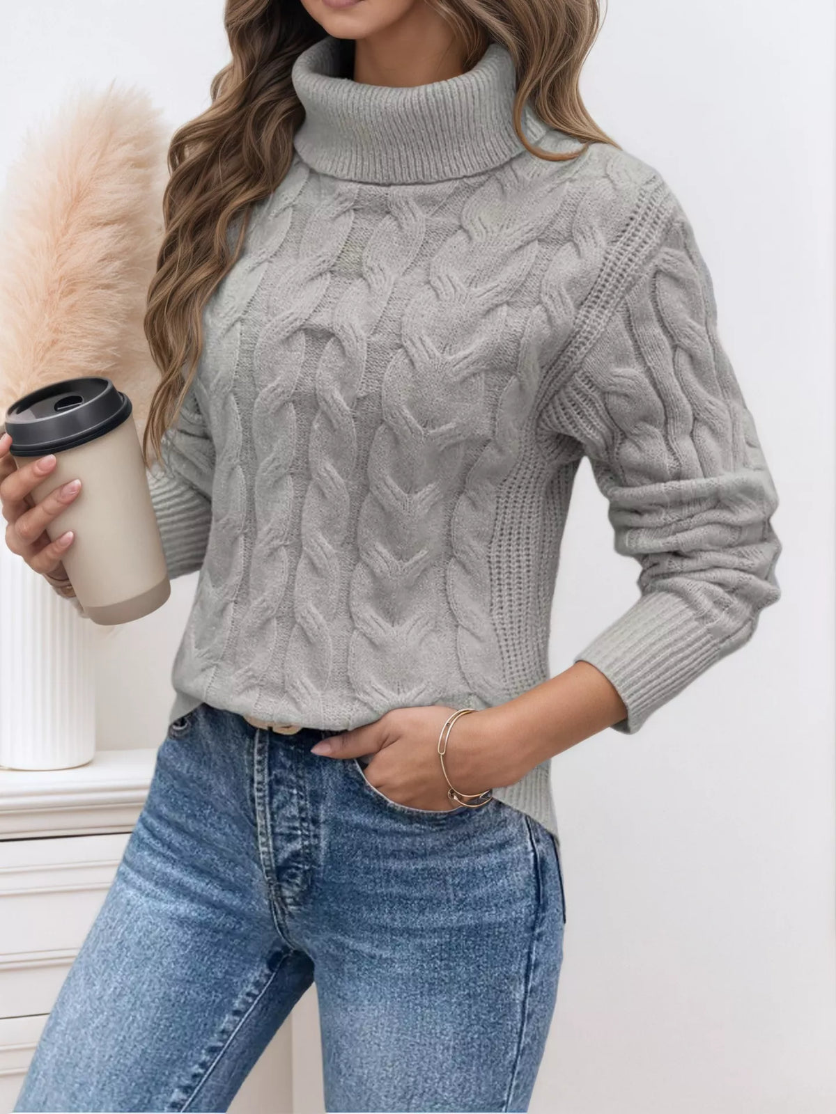 Women's Cable Knit Turtleneck Long Sleeve Sweater — women's knit sweater Australia