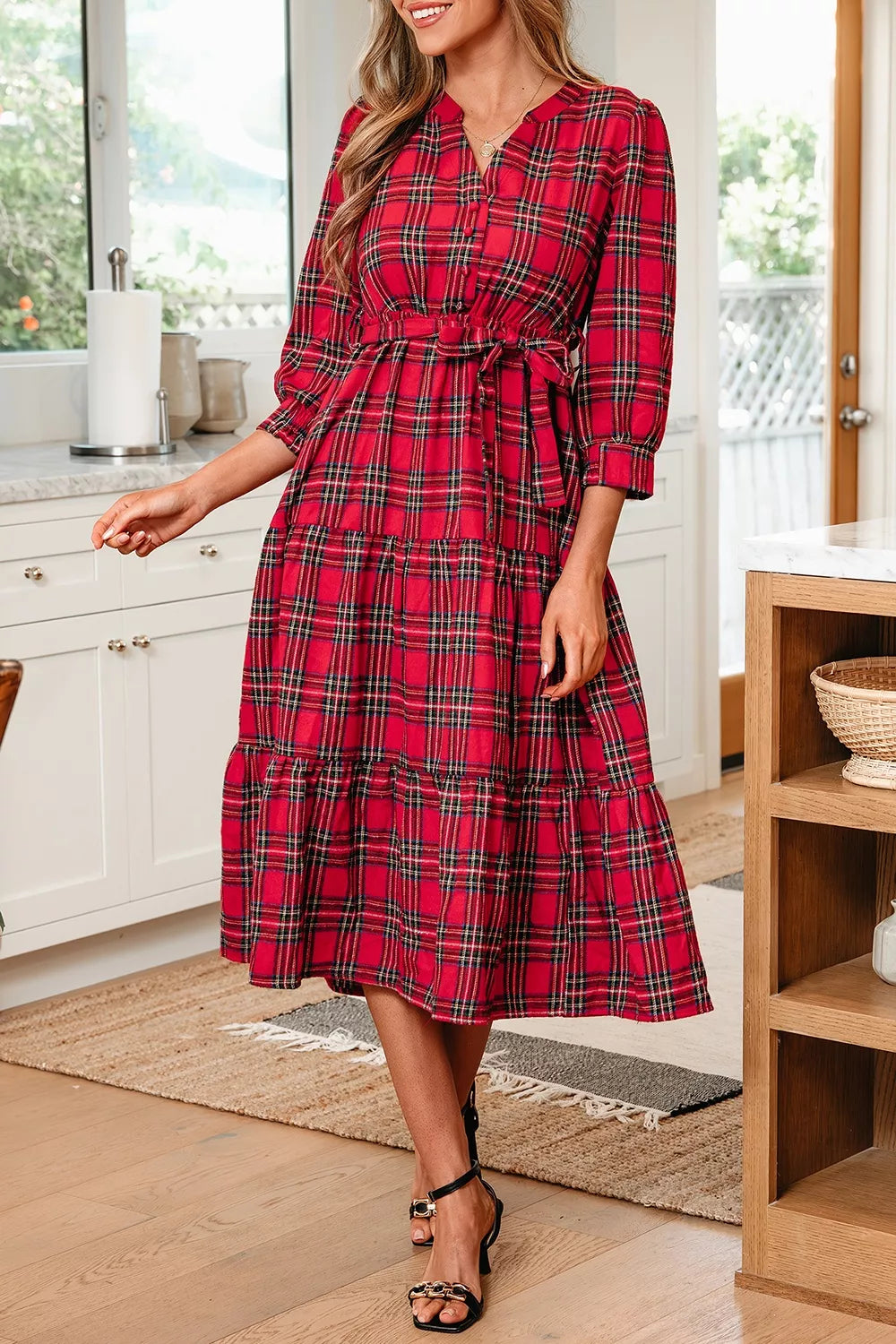 Women's Christmas Plaid V-Neck Midi Dress — Chic and Unique AU