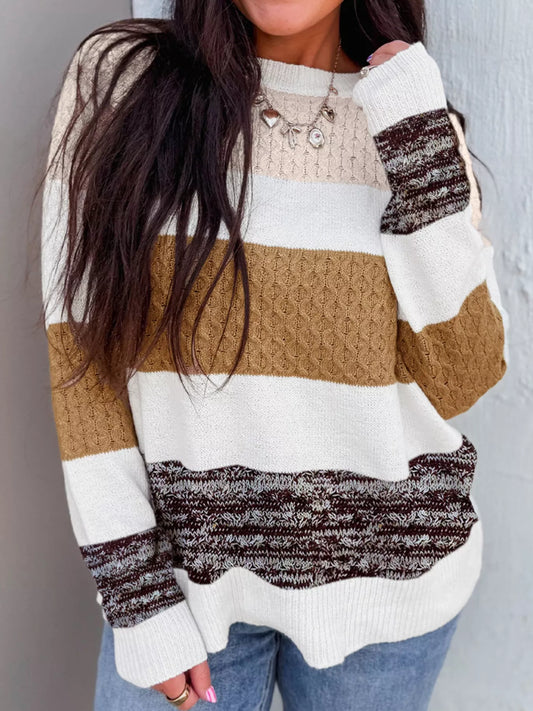 Women's Mixed Texture Knit Striped Color Block Loose Sweater — women's knit sweater Australia
