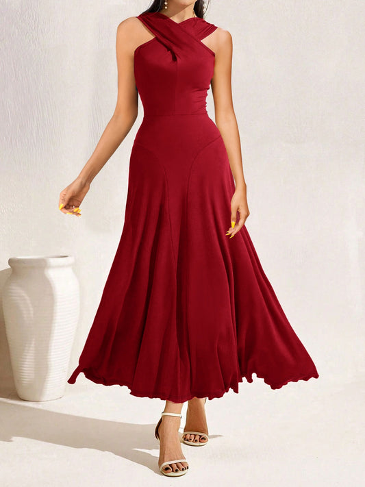 Crisscross Halter Neck A-Line Midi Dress — women's casual dress Australia