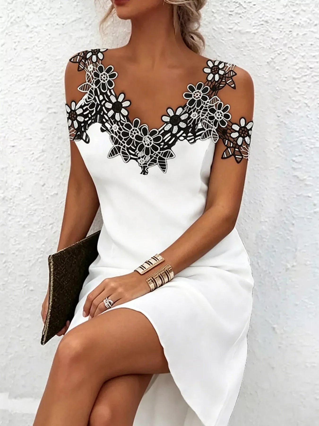 Women's Lace Floral Trim Cold Shoulder Mini Dress — Chic and Unique AU