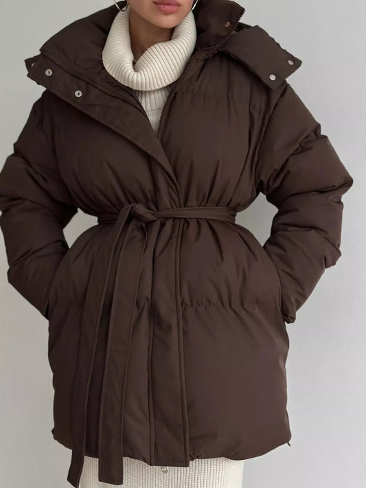 Mid-Length Thickened Hooded Winter Coat with Belted — women's coat Australia