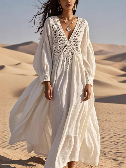 Crochet Trimmed V-Neck Midi Dress — women's casual dress Australia