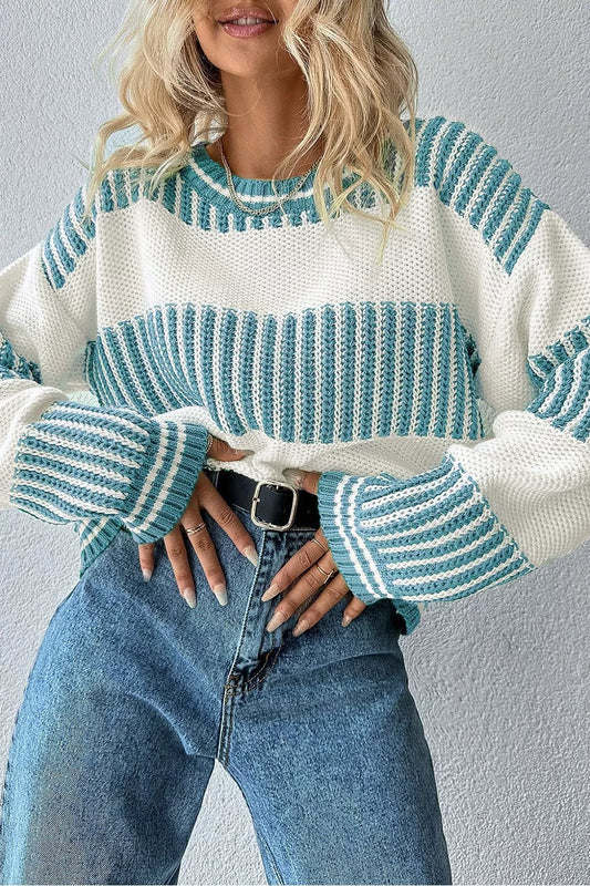 Women's Two Tone Striped Patchwork Drop Shoulder Loose Sweater — women's knitwear Australia