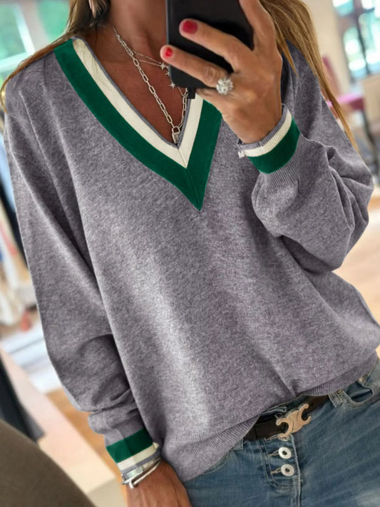 Women's Contrast Striped Trim V Neck Varsity Sweater — women's knit sweater Australia