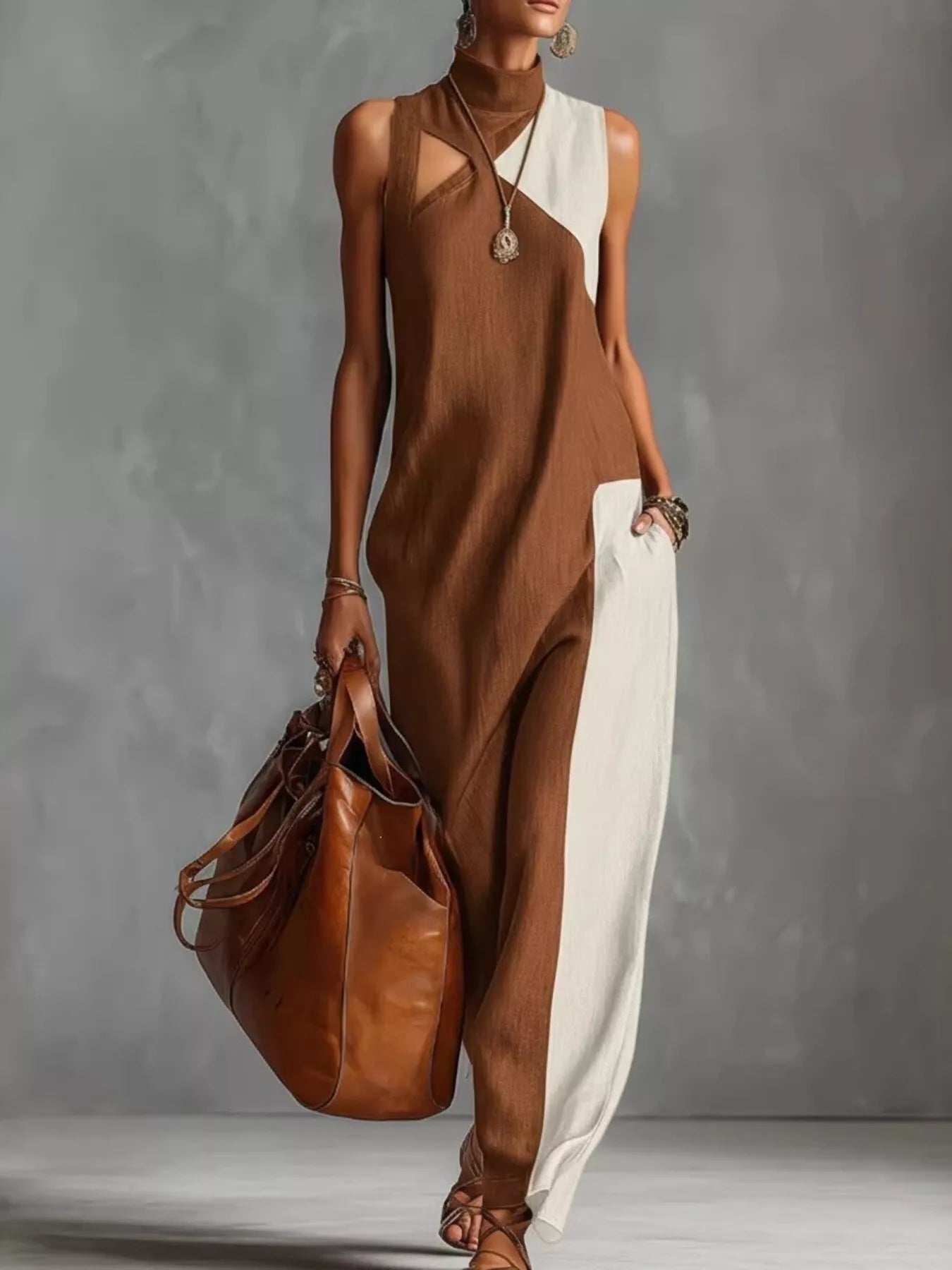 Women's Full Size Color Block Mock Neck Sleeveless Maxi Dress Plus Size — Chic and Unique AU