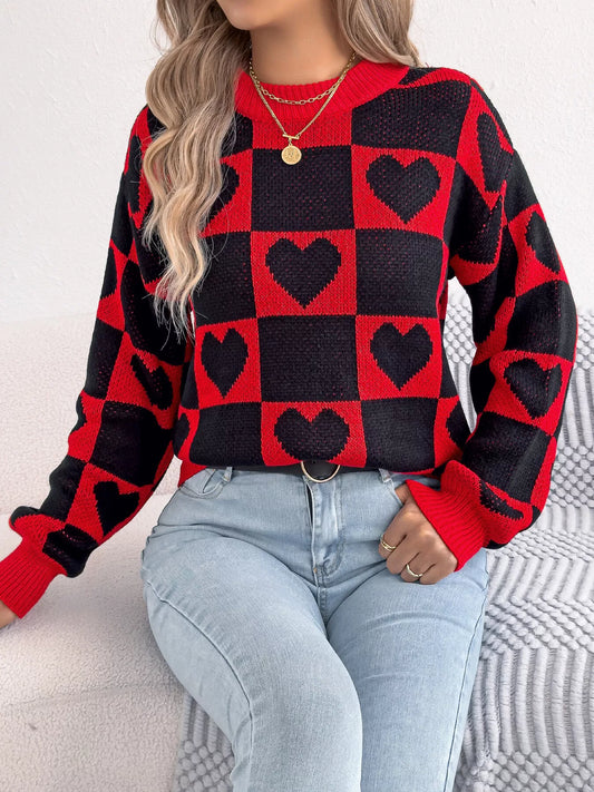 Women's Heart Checkerboard Pattern Round Neck Sweater — women's knit sweater Australia