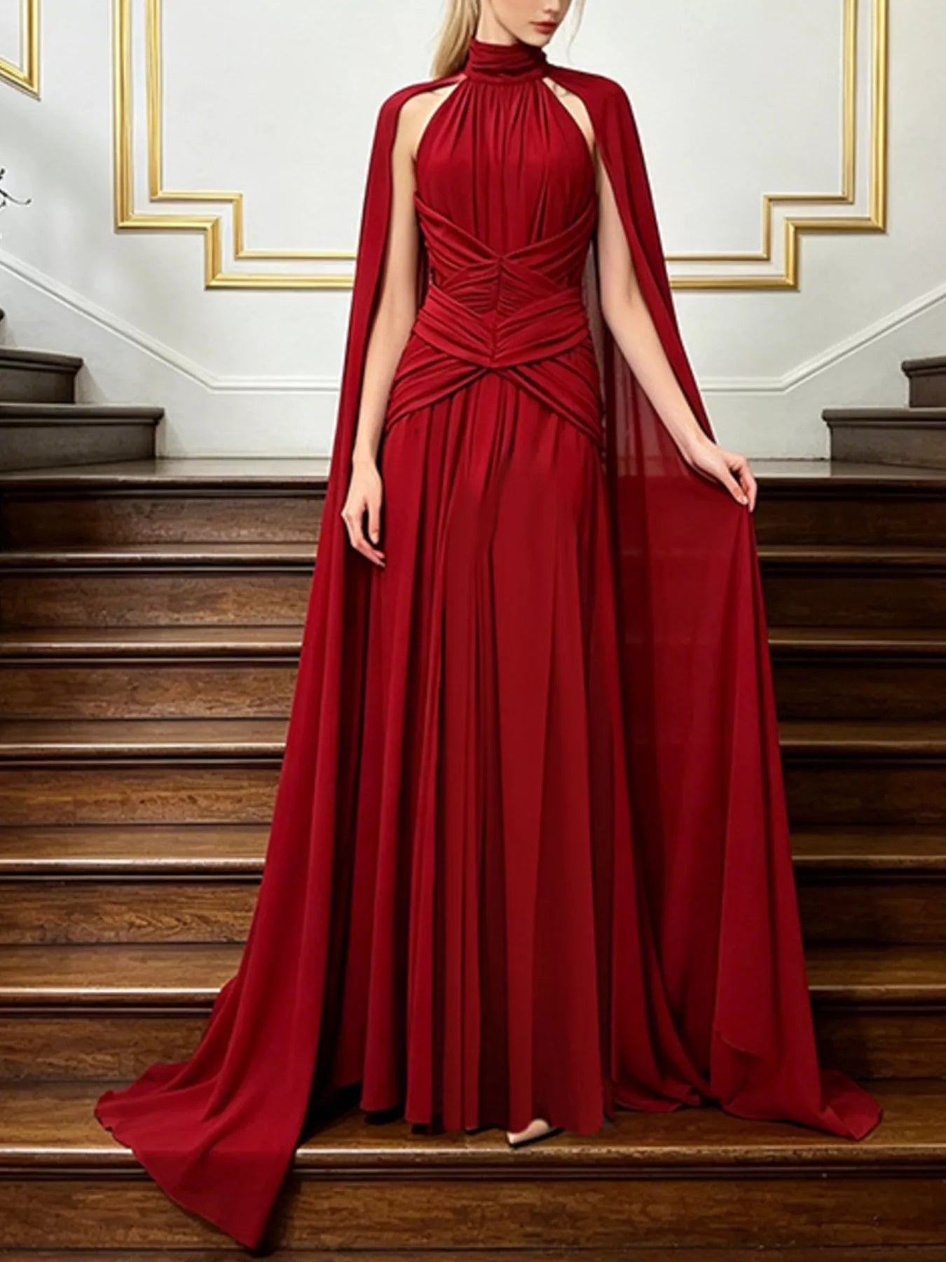 Women's Ruched Halter Neck Cape Maxi Dress — Chic and Unique AU