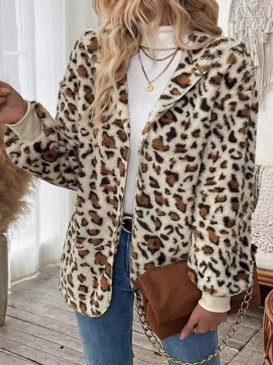 Leopard Print Fuzzy Zip Up Outerwear — women's outerwear Australia