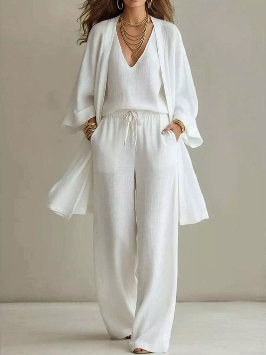 V-Neck Top & Cardigan & Pants Three-Piece Set — women's knitwear Australia