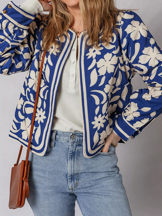 Flower Print Open Front Buttoned Cuffs Elegant Jacket — women's jacket Australia