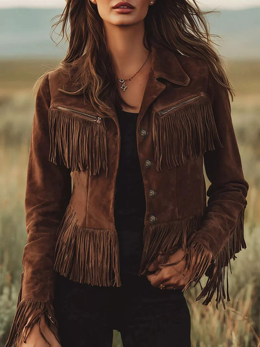 Suede Fringe Button Up Jacket — women's jacket Australia
