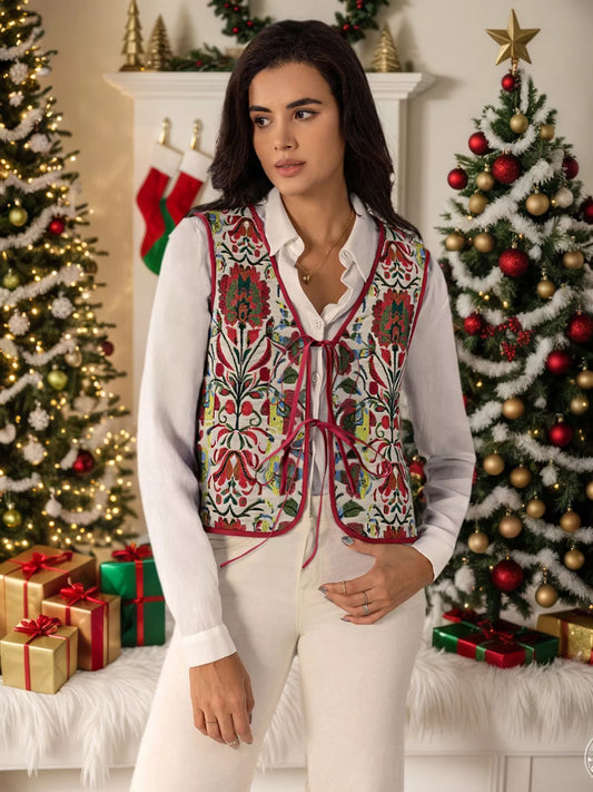 Floral Embroidered Tie-Front Vest Coat — women's vest Australia