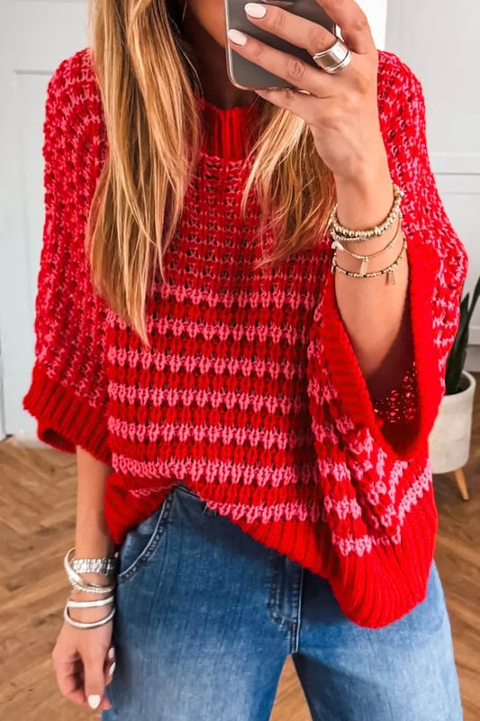 Women's Stripe Wavy Crochet Eyelet Detail Ruffle Half Sleeve Sweater — women's knit sweater Australia
