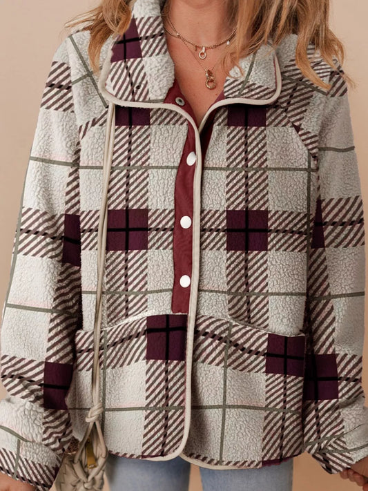 Plaid Buttoned Stand Collar Fleece Jacket — women's jacket Australia