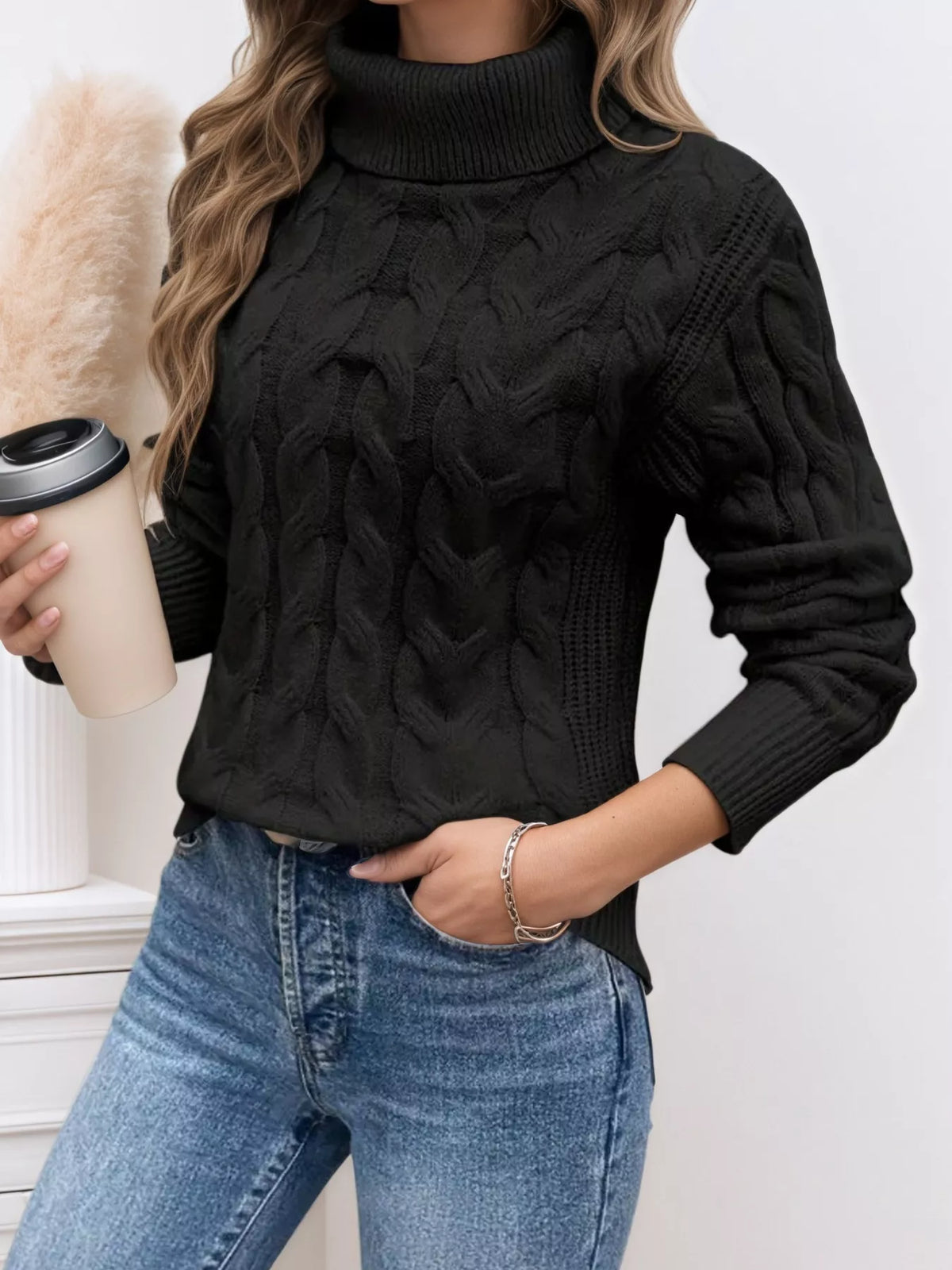 Women's Cable Knit Turtleneck Long Sleeve Sweater — women's knit sweater Australia