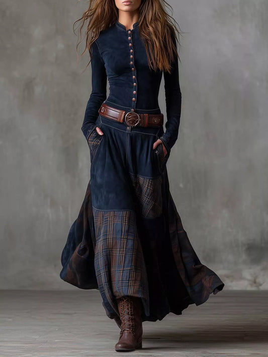 Full Size Button Front Plaid Patchwork Maxi Dress Plus Size — women's maxi dress Australia