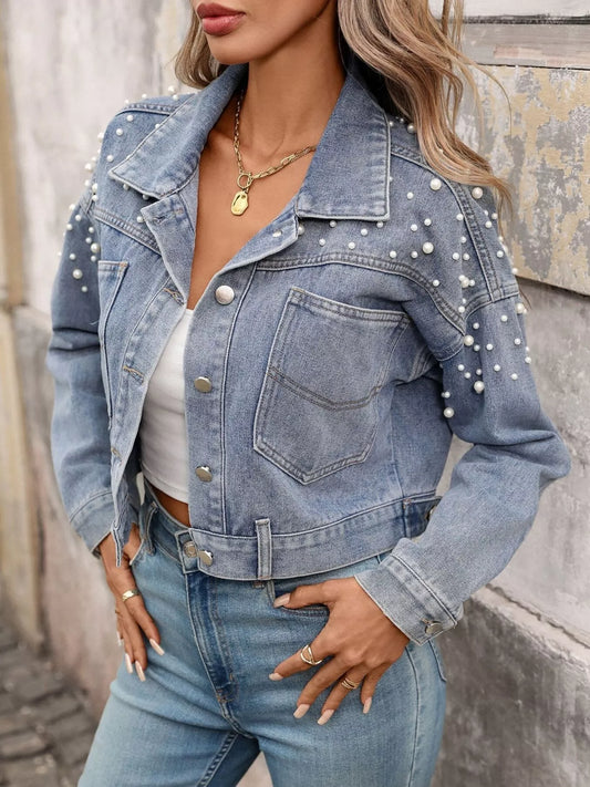 Pearl Embellished Cropped Denim Jacket — women's jacket Australia