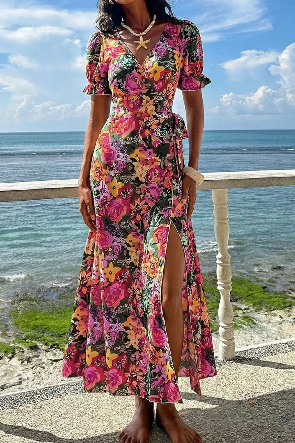 Women's Slit Floral Short Sleeve Maxi Dress — Chic and Unique AU