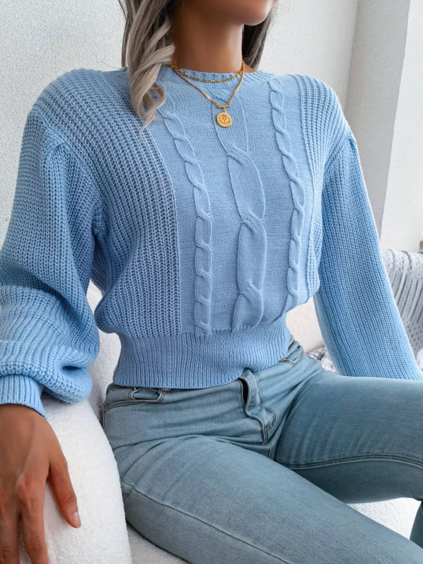 Women's Cable Knit Round Neck Cropped Sweater — women's cropped sweater Australia